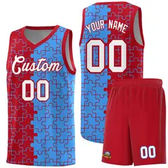 Red Light Blue Puzzle Pattern Splid Basketball Kits 1