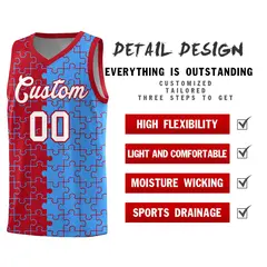 Red Light Blue Puzzle Pattern Splid Basketball Kits 2