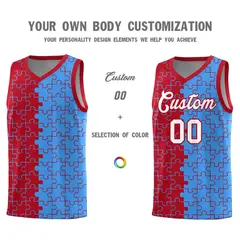 Red Light Blue Puzzle Pattern Splid Basketball Kits 3