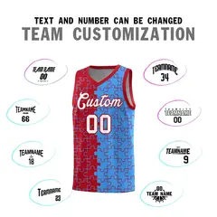 Red Light Blue Puzzle Pattern Splid Basketball Kits 4