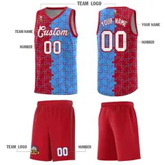 Red Light Blue Puzzle Pattern Splid Basketball Kits 5
