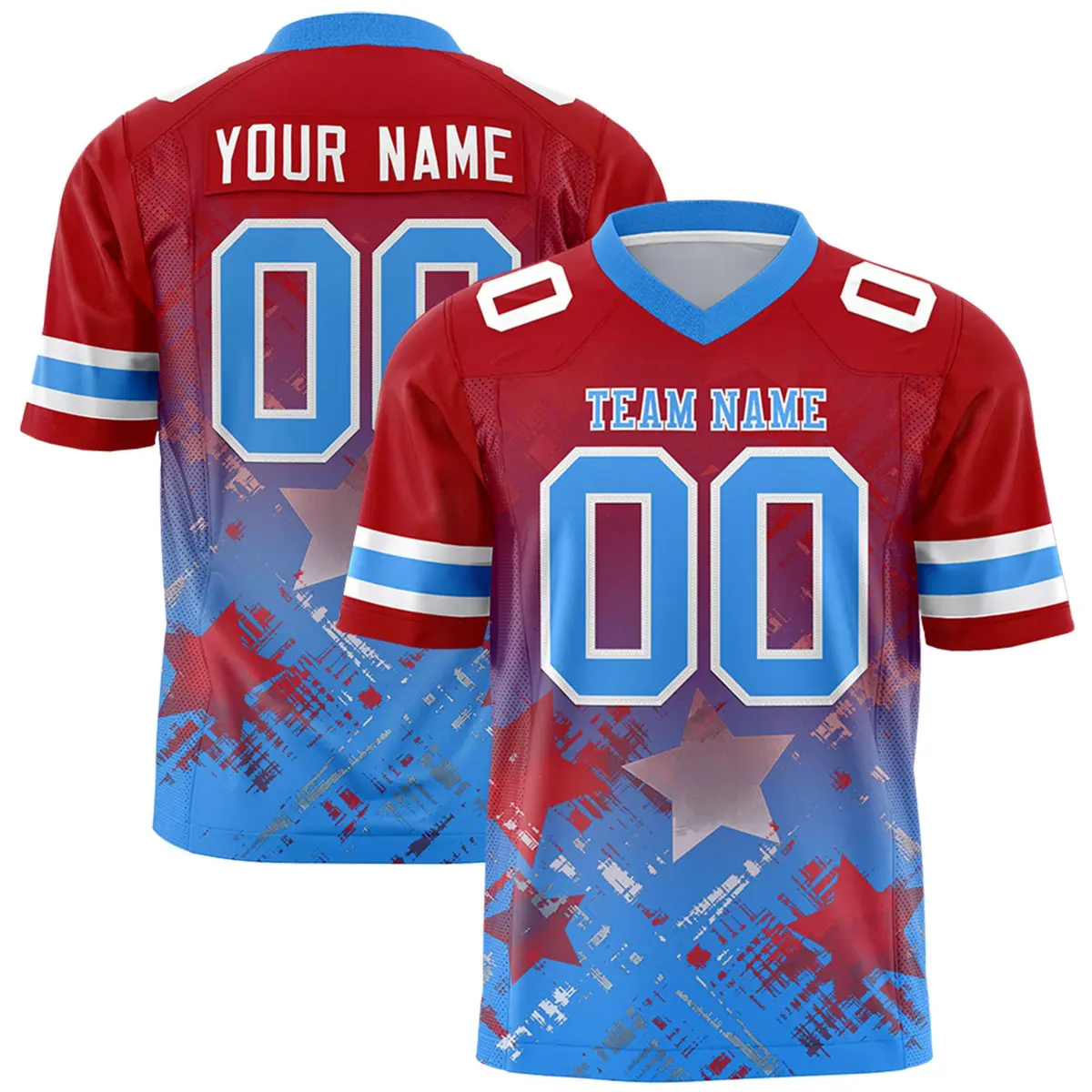 Red Light Blue Star Gradient Flag Football Jersey