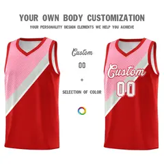 Red Light Pink Gray Diagonal Stripes Color Block Basketball Jersey 3