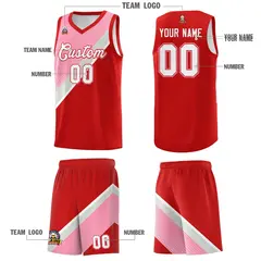 Red Light Pink Gray Diagonal Stripes Color Block Basketball Jersey 5