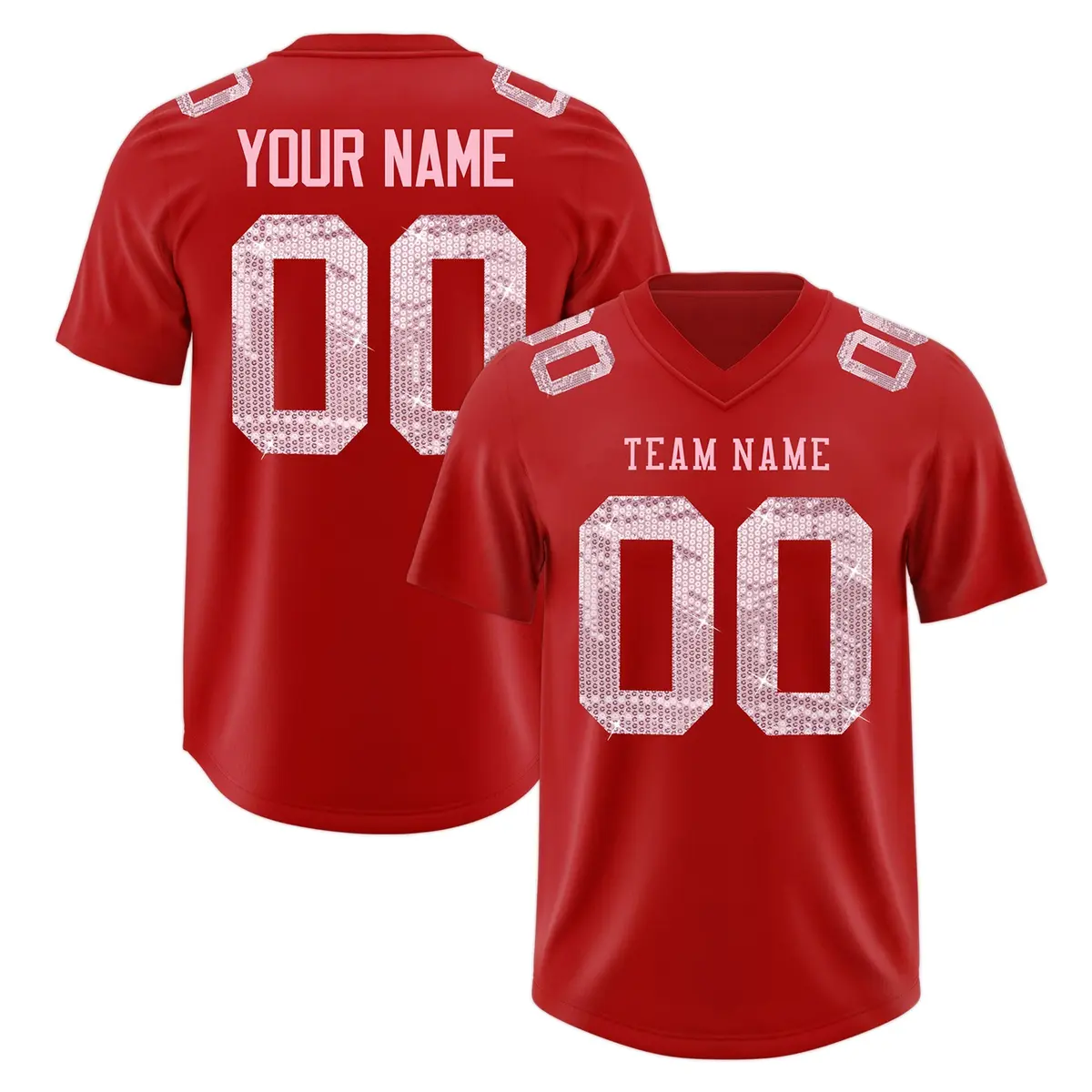 Red Light Pink Sequin Lettering Breathable Football Jersey