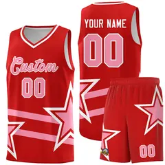 Red Light Pink Star Pattern Double Lines Basketball Kits 1
