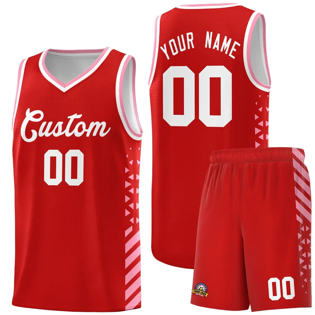 Red Light Pink White Diamond Stripe Side Basketball Jersey
