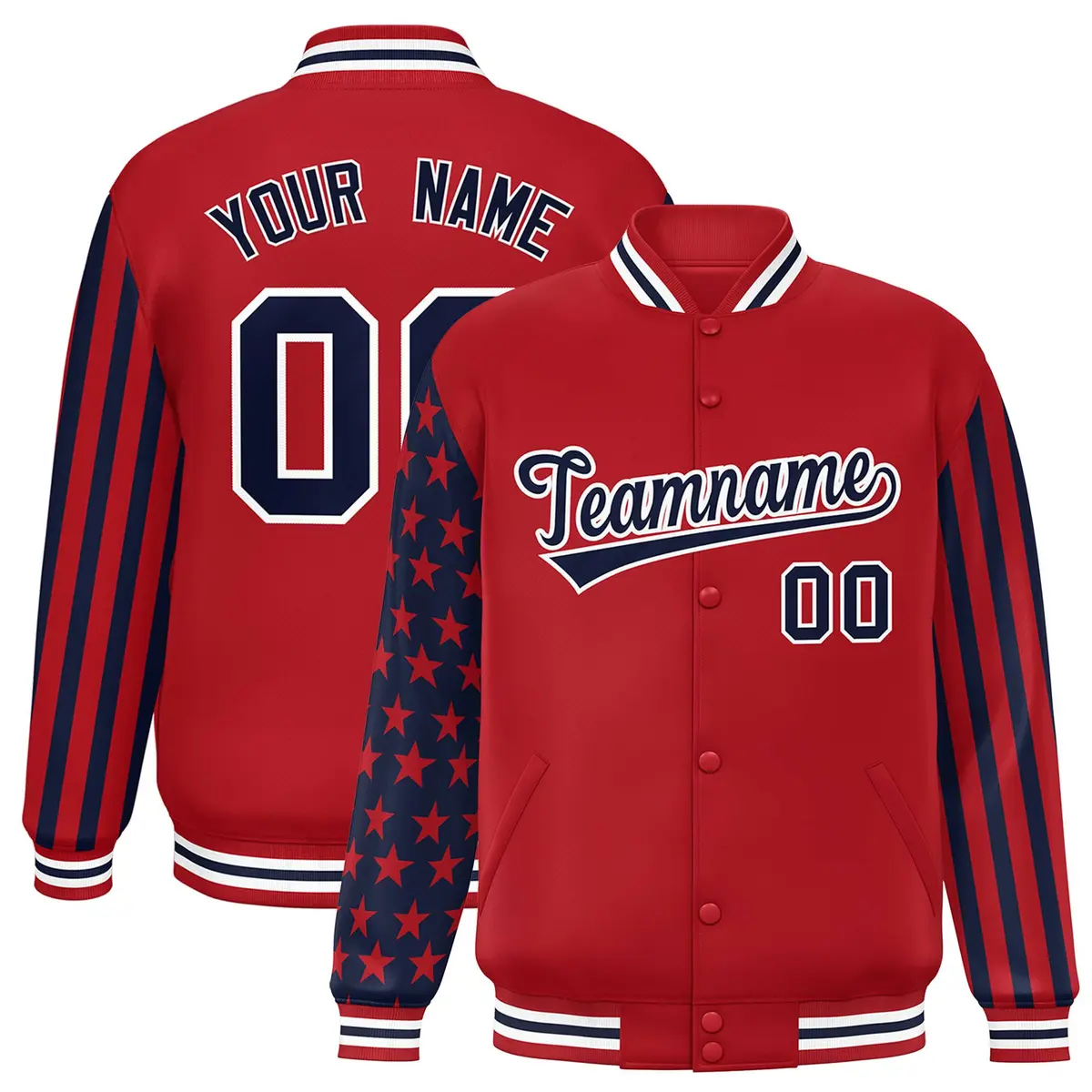 Red Navy American Flag Varsity Raglan Letterman Bomber Jacket