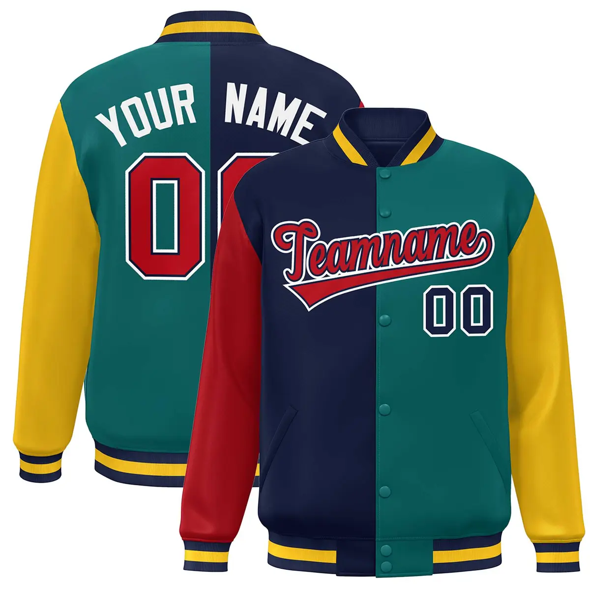 Red Navy Aqua-Gold Color Block Varsity Bomber Jacket