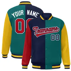 Red Navy Aqua-Gold Color Block Varsity Bomber Jacket 1
