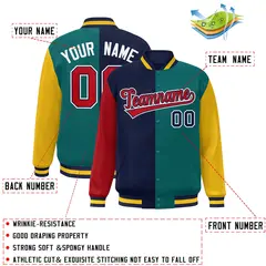 Red Navy Aqua-Gold Color Block Varsity Bomber Jacket 2