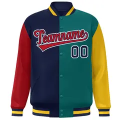 Red Navy Aqua-Gold Color Block Varsity Bomber Jacket 3