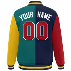 Red Navy Aqua-Gold Color Block Varsity Bomber Jacket 4
