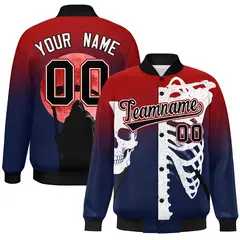Red Navy Black Halloween Skeleton Graffiti Varsity Jacket Stretch Fabric 1