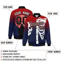 Red Navy Black Halloween Skeleton Graffiti Varsity Jacket Stretch Fabric 2