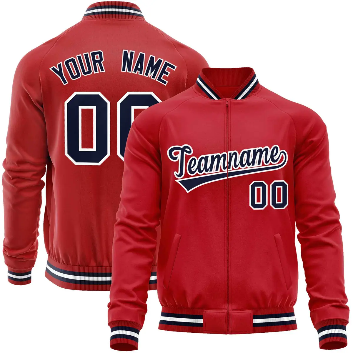 Red Navy Classic Varsity Full-Zip Letterman Baseball Jacket