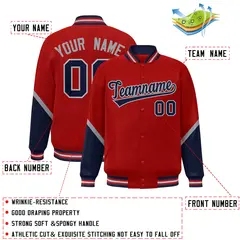 Red Navy Color Block Varsity Letterman Baseball Jacket 2