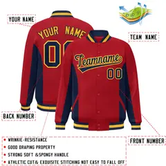 Red Navy Color Block Varsity Letterman Baseball Jacket 2