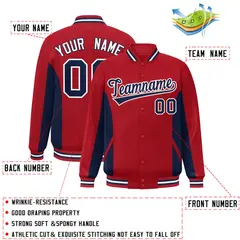 Red Navy Color Block Varsity Letterman Baseball Jacket 2