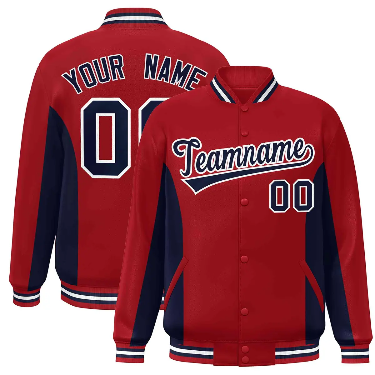 Red Navy Color Block Varsity Letterman Baseball Jacket