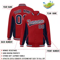 Red Navy Color Block Varsity Letterman Baseball Jacket 2
