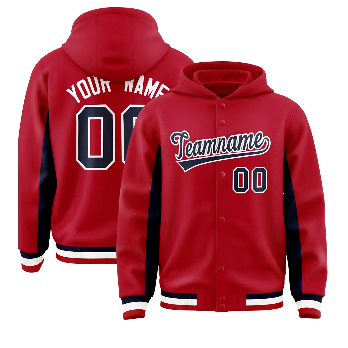 Red Navy Color Block Varsity Letterman Jacket Hoodie