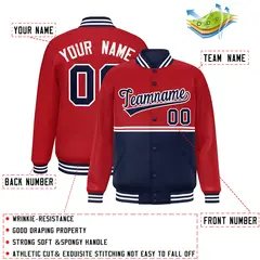Red Navy Full-Snap Color Block Varsity Letterman Jacket 2