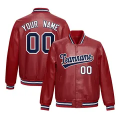 Red Navy Full-Snap Varsity Faux Leather Letterman Jacket 1