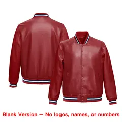 Red Navy Full-Snap Varsity Faux Leather Letterman Jacket 6