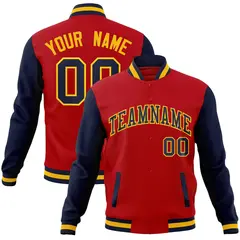 Red Navy-Gold Raglan Varsity Full-Snap Letterman Jacket
