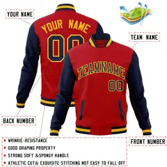 Red Navy-Gold Raglan Varsity Full-Snap Letterman Jacket 4