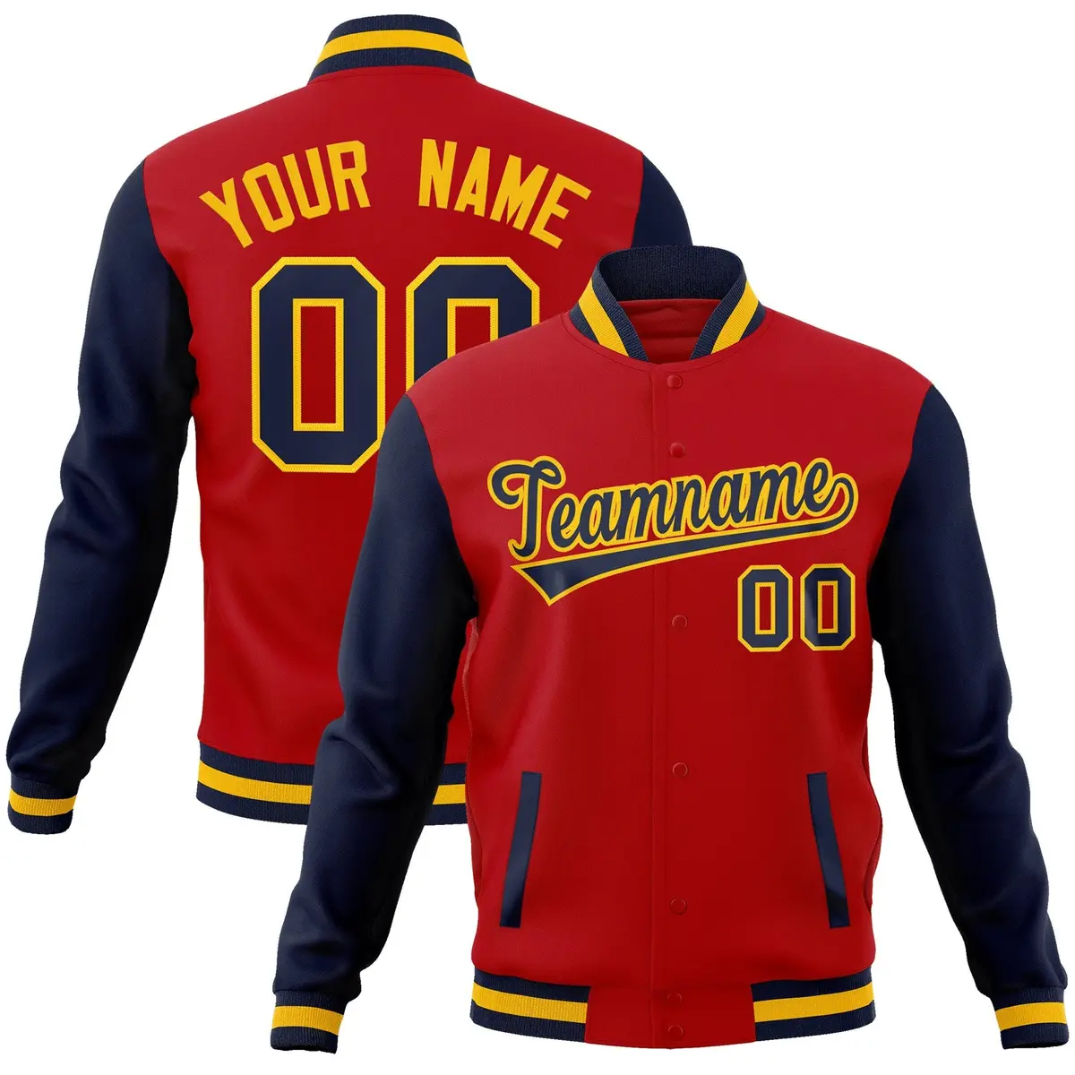 Red Navy-Gold Raglan Varsity Full-Snap Letterman Jacket