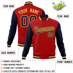 Red Navy-Gold Raglan Varsity Full-Snap Letterman Jacket 4