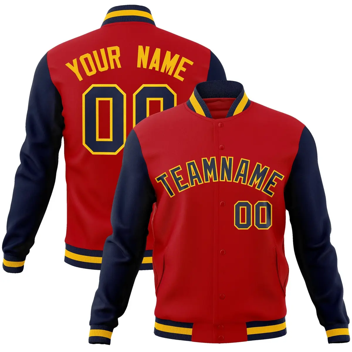Red Navy-Gold Raglan Varsity Full-Snap Letterman Jacket