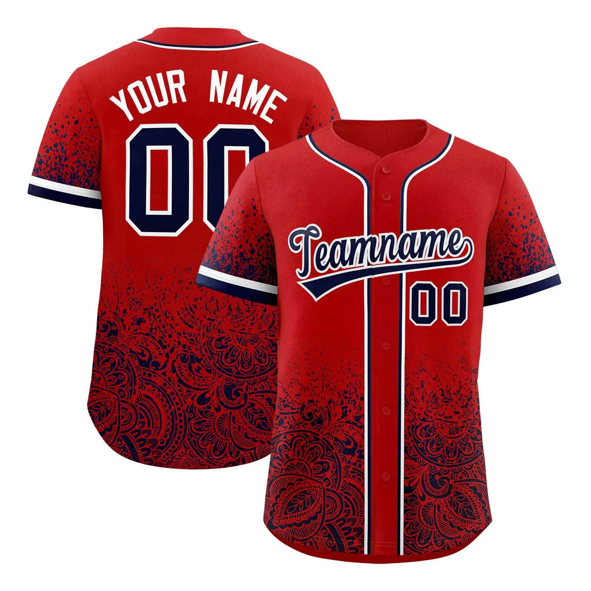 Red Navy Gradient Floral Print Full Button Baseball Jersey
