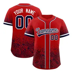Red Navy Gradient Floral Print Full Button Baseball Jersey