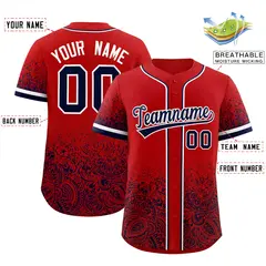 Red Navy Gradient Floral Print Full Button Baseball Jersey 2