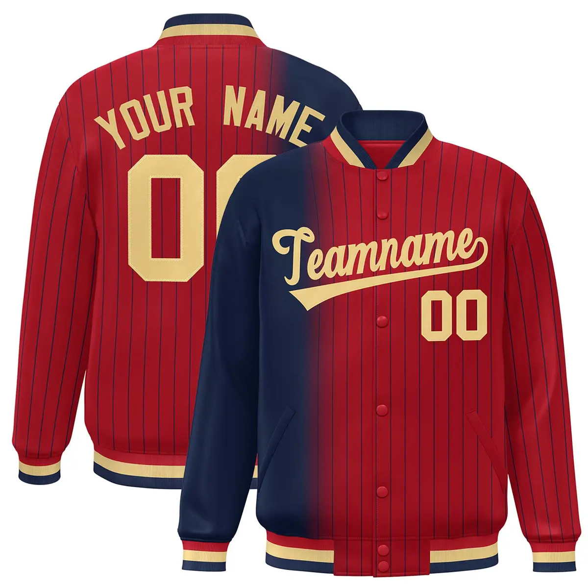 Red Navy Gradient Pinstripe Varsity Full-Snap Letterman Jacket