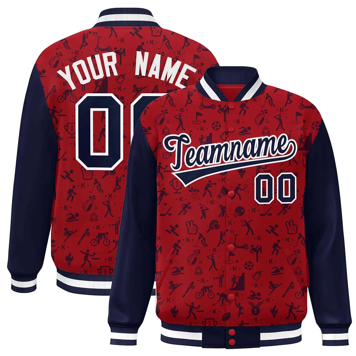 Red Navy Graffiti Pattern Varsity Raglan Letterman Jacket