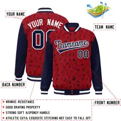 Red Navy Graffiti Pattern Varsity Raglan Letterman Jacket 2