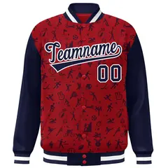 Red Navy Graffiti Pattern Varsity Raglan Letterman Jacket 3