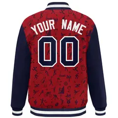 Red Navy Graffiti Pattern Varsity Raglan Letterman Jacket 4