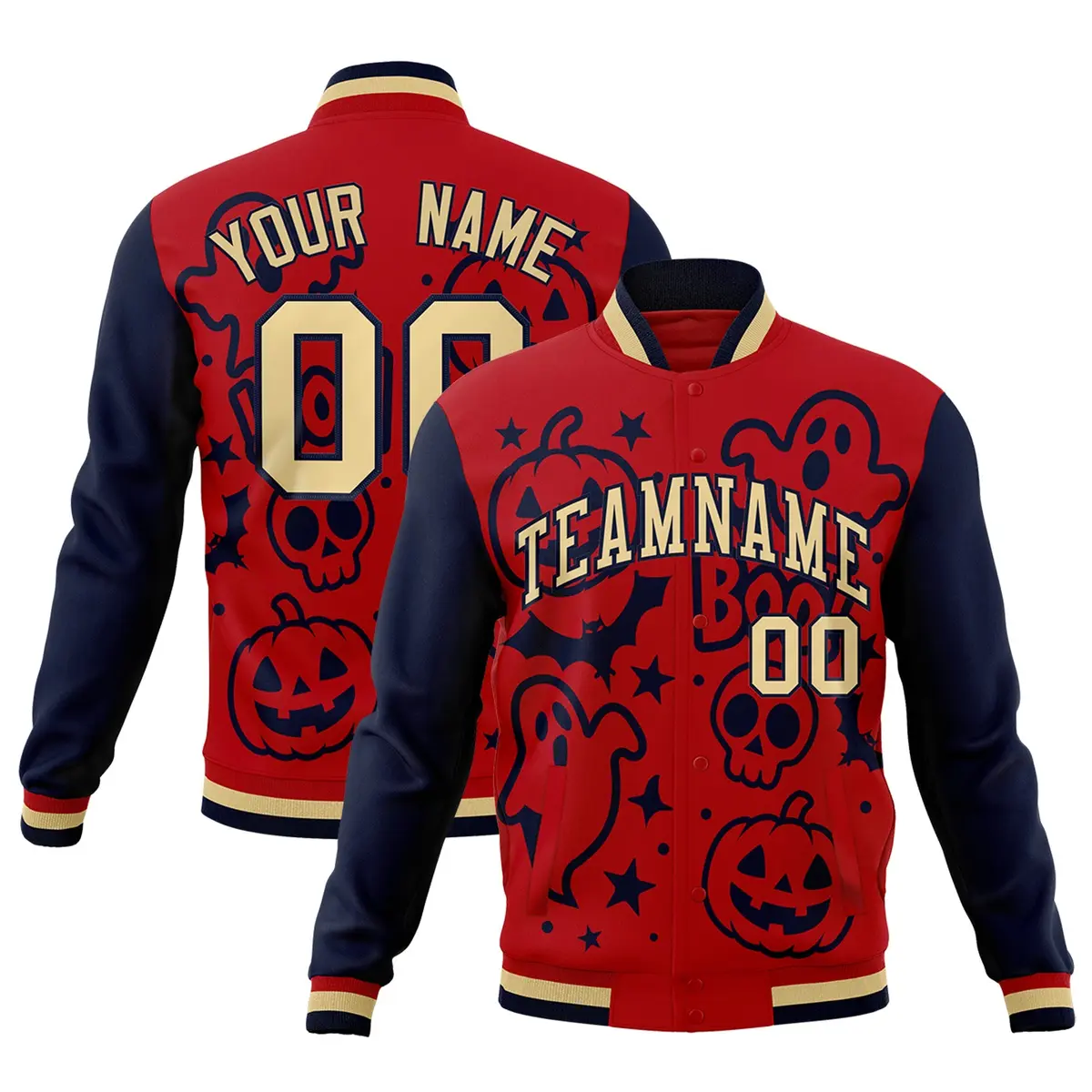 Red Navy Khaki Halloween Bats Pumpkins Ghost Letterman Jacket