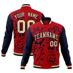 Red Navy Khaki Halloween Bats Pumpkins Ghost Letterman Jacket