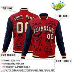 Red Navy Khaki Halloween Bats Pumpkins Ghost Letterman Jacket 2