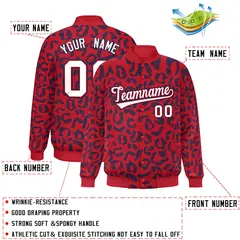 Red Navy Leopard Graffiti Varsity Letterman Jacket 2