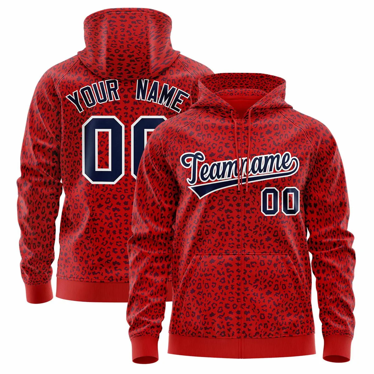 Red Navy Leopard Print Varsity Full-Zip Letterman Jacket Hoodie