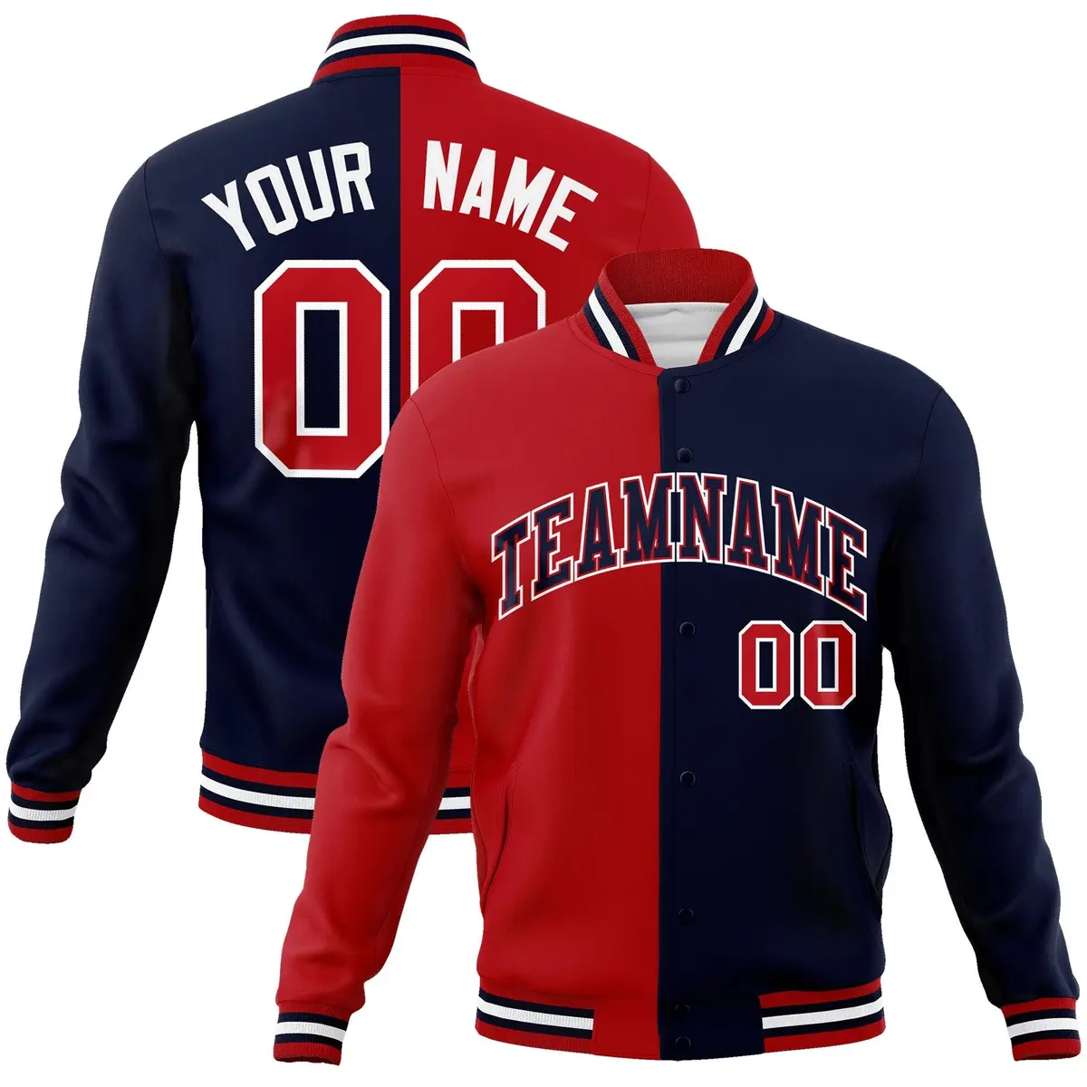 Red Navy-Navy Two Tone Split Varsity Full-Snap Letterman Jacket