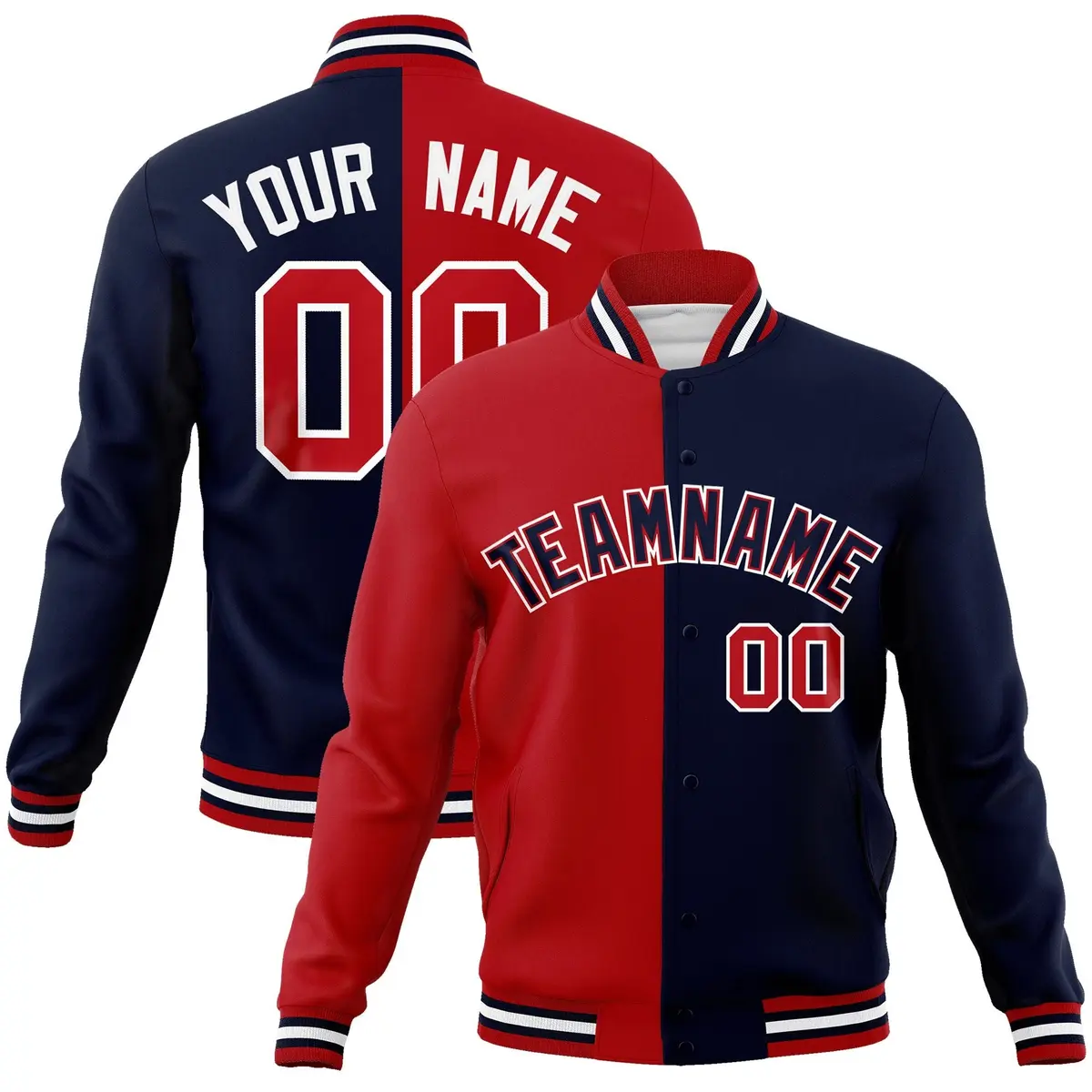 Red Navy-Navy Two Tone Split Varsity Full-Snap Letterman Jacket