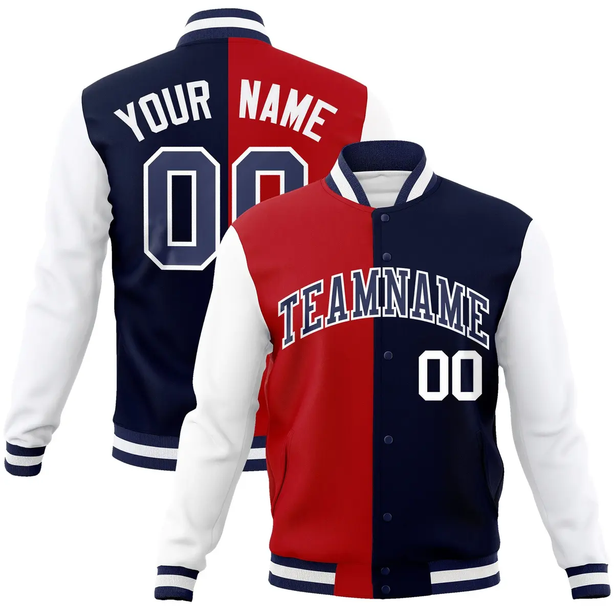 Red Navy-Navy Two Tone Split Varsity Full-Snap Letterman Jacket